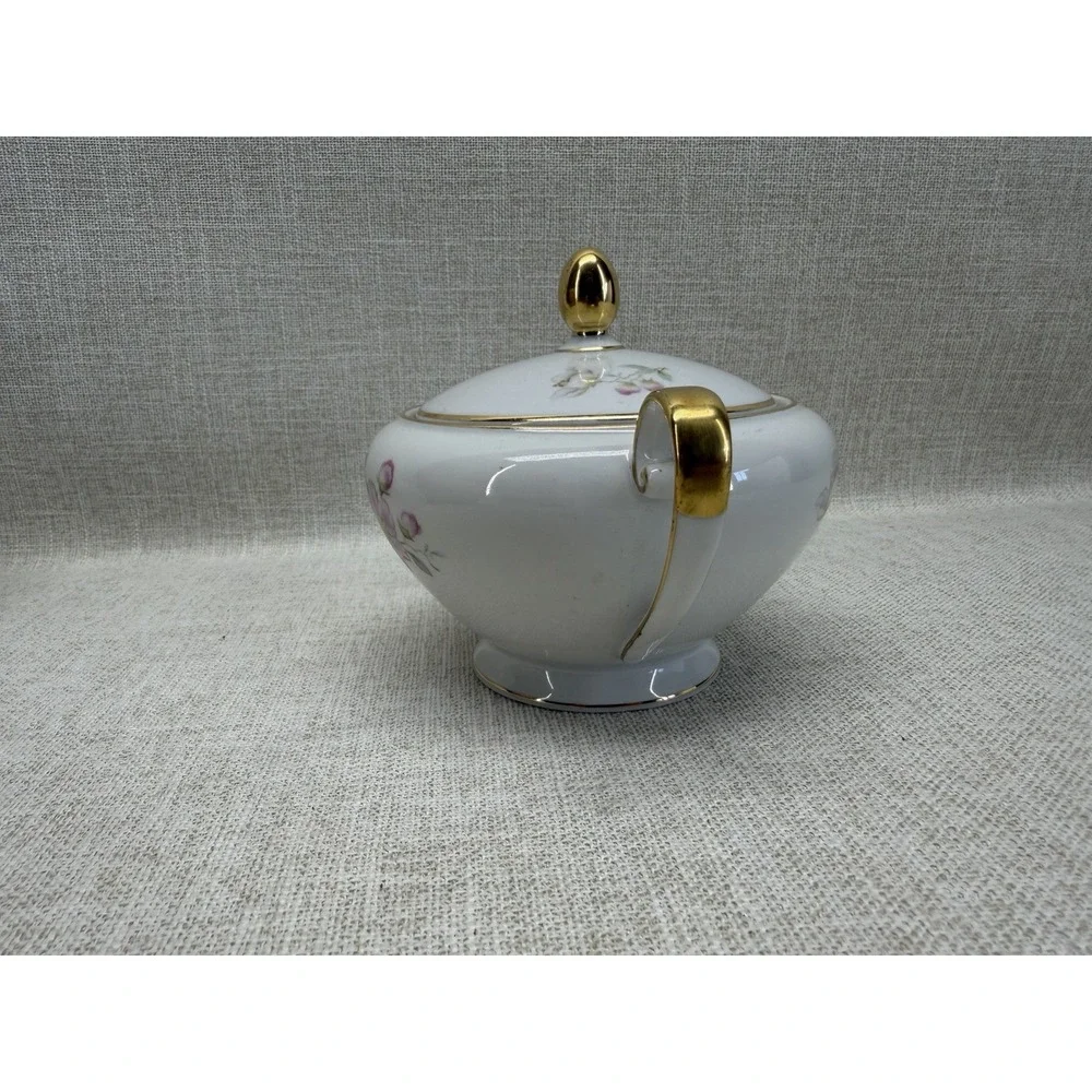 Tirschenreuth Bavaria Germany Floral Porcelain Sugar Bowl‎ w Lid Gold Trim